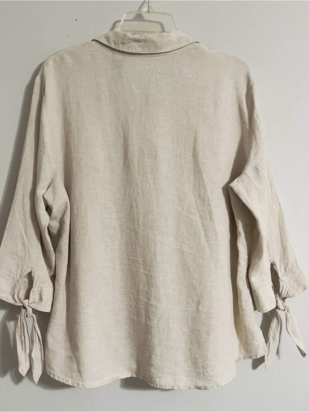Liz Claiborne Boxy Linen Top Sz L Beige Knot Sleeve Coastal Lagenlook Minimalist - Picture 6 of 12